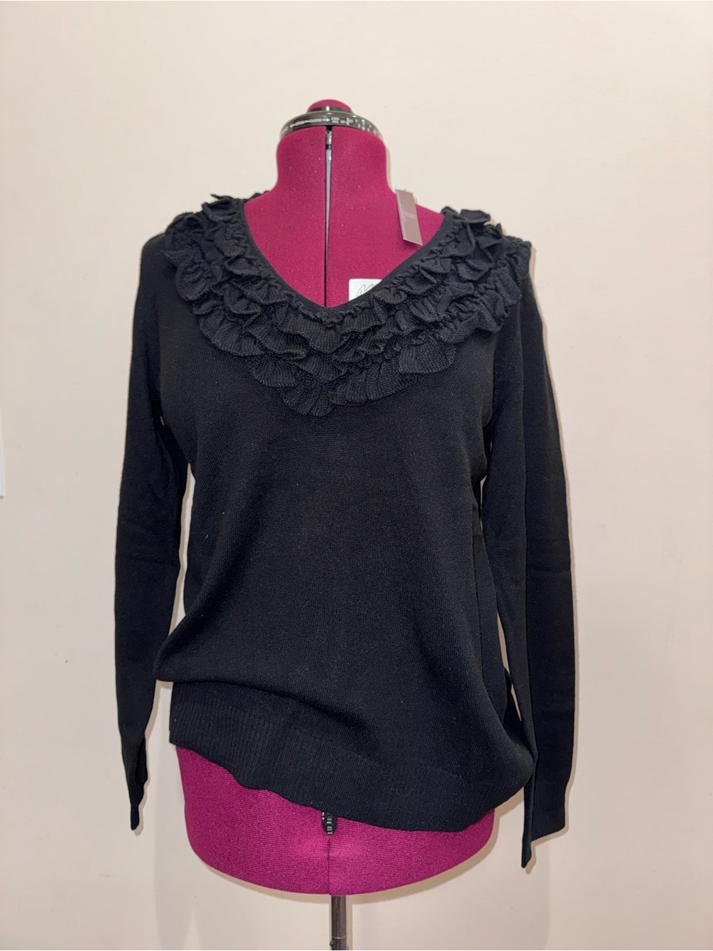 100% Cashmere Black Ruffle V Neck Sweater NWT Soft Minimal Coquette Cozy